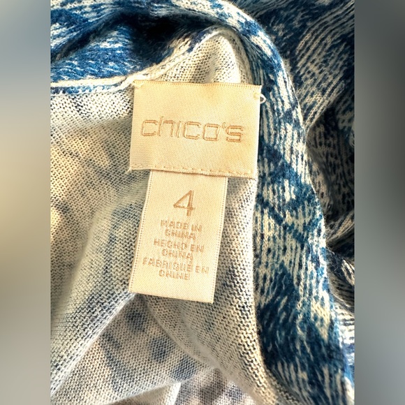 CHICOS Mixed Paisley Maizy Cardigan Sweater Long Blue Ivory Open Front Thin Knit - Picture 10 of 14